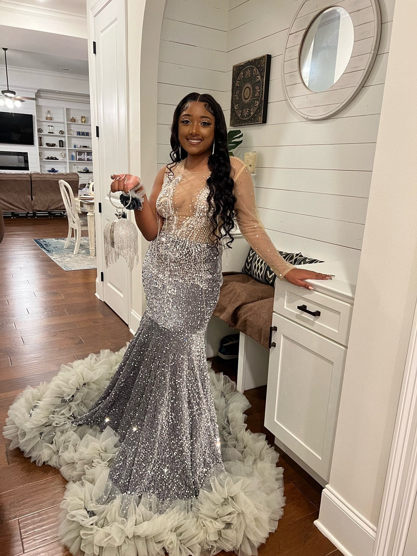 Robe de bal sirène à paillettes argentées scintillantes pour filles noires, robe de soirée à volants et perles en cristal