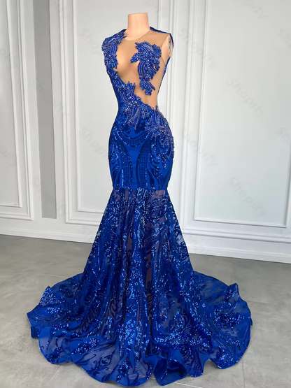 Elegante vestido de fiesta de sirena azul real para chica negra, con encaje brillante y lentejuelas, para mujer africana, largo, para fiesta de graduación y cumpleaños, personalizado.