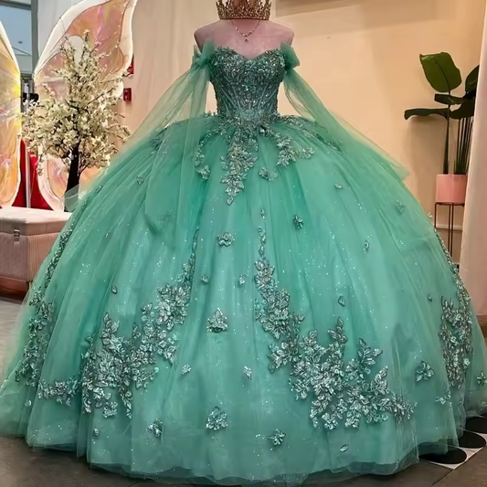 Shiny Green Quinceanera Dresses Luxury Flower Lace Beading Birthday Party Prom Princess Vestidos De 15 Anos