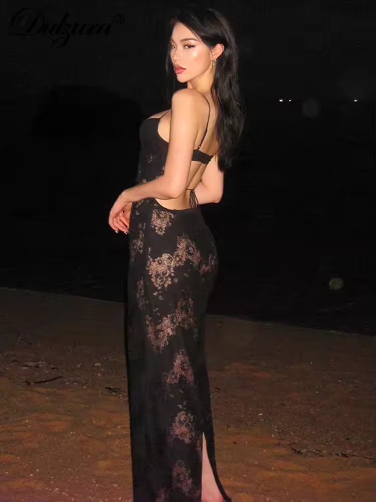 Sleeveless See Through Lace Patchwork Cami Maxi Dress Backless Lace Up Sexy Outfit Party Clubwear Autumn Winter