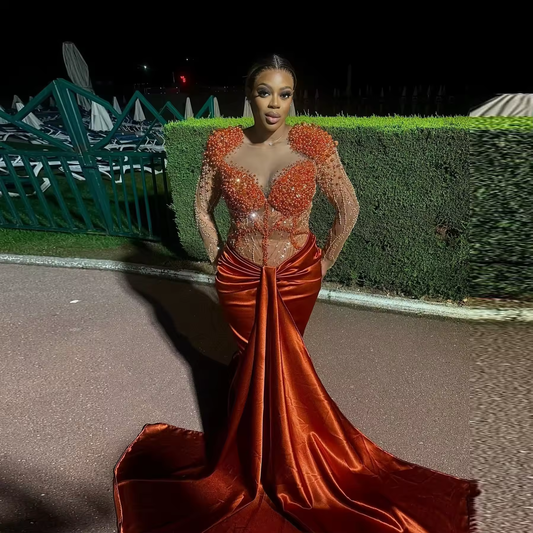 Burning Orange Beaded Evening Dresses Formal Occasions Gowns Black Women Mermaid Luxury Sequins Party Dress Long Sleeves