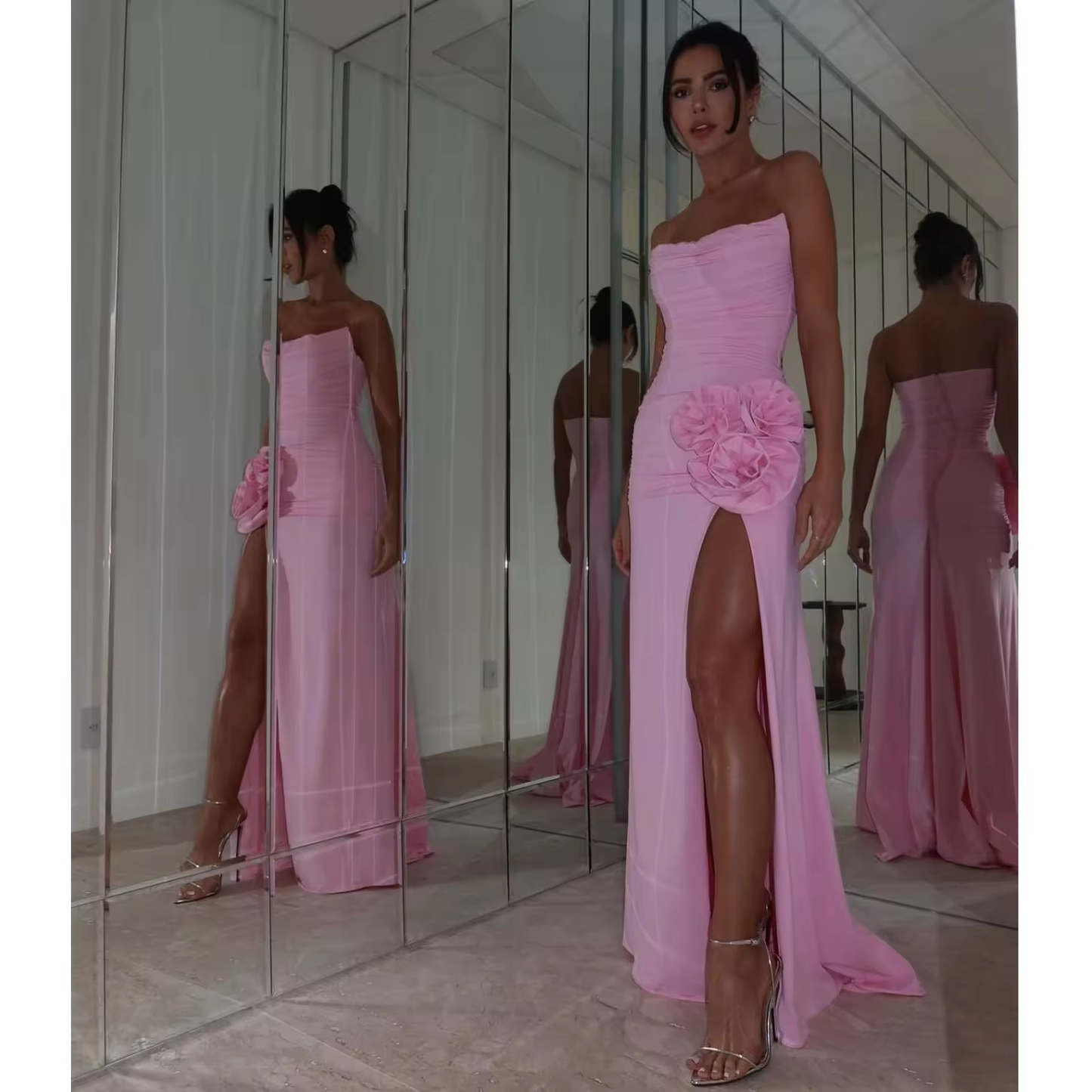 Elegant Pink Prom Maxi Dress 2025 New Strapless High Slit Formal Occasion Dresses with Handmade Flower Women Evening Party Dress