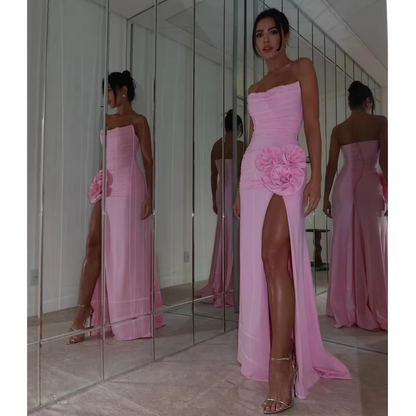Elegant Pink Prom Maxi Dress 2025 New Strapless High Slit Formal Occasion Dresses with Handmade Flower Women Evening Party Dress
