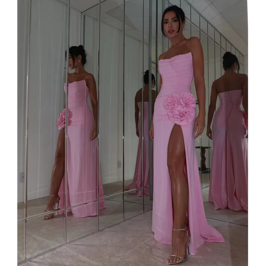 Elegant Pink Prom Maxi Dress 2025 New Strapless High Slit Formal Occasion Dresses with Handmade Flower Women Evening Party Dress