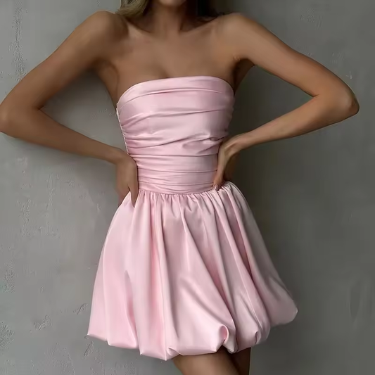 Sexy One-Shoulder Strapless Dress Women's Ruched A Hem Mini Dress Bodycon Solid Party Evening Dresses Ladies Summer