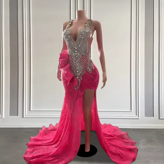 Luxury Rhinestone Split Long Prom Dresses 2025 For Black Girls Sexy Mermaid Pink Lace Birthday Party Gala Gowns Customized