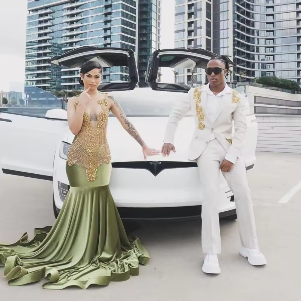 Customized Shiny Olive Velvet Mermaid Prom Dress Black Girl Gold Diamond Crystal Beaded 2025 Birthday Party Gown