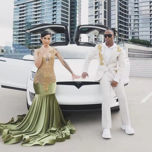 Customized Shiny Olive Velvet Mermaid Prom Dress Black Girl Gold Diamond Crystal Beaded 2025 Birthday Party Gown