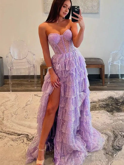Lavender Sparkly Tulle Prom Dresses 2025 Ruffled Strapless Formal Gown with Slit
