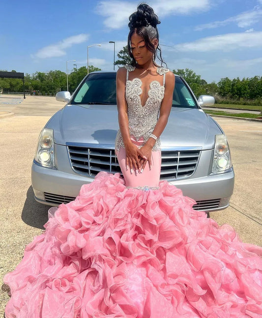 Stylish Pink Sliver Appliques Beaded Evening Dress With Layers