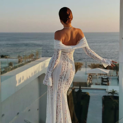 Women's Lace Bodycon Maxi Dress Black Long Elegant Wedding Guest Party Dresses Flare Sleeve Evening Dress