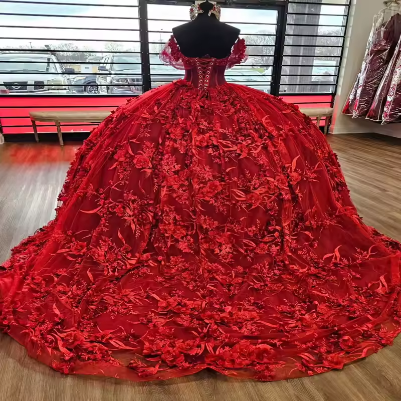 Red Shiny Quinceanera Dresses Ball Gown Off The Shoulder Applique Flower Beading Crystal Tull Party Birthday Sweet 16 Dress Vest