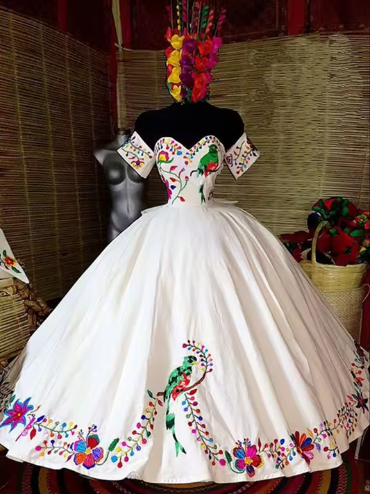 Vintage White Bird Colorful Flower Embroidery XV Mexican Quinceanera Wedding Dresses for WomenTeen Girls Vestdo De 15 Anos 2025