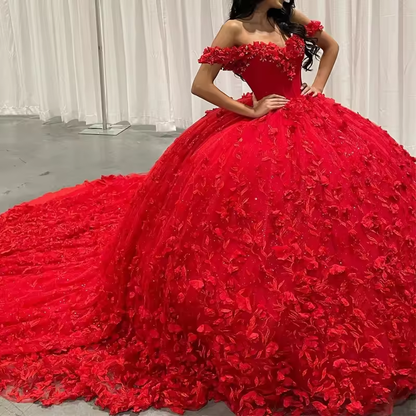 Red Shiny Quinceanera Dresses Ball Gown Off The Shoulder Lace Applique Beaded Crystal Tull Corset Sweet 16 Dress Vestidos De 15