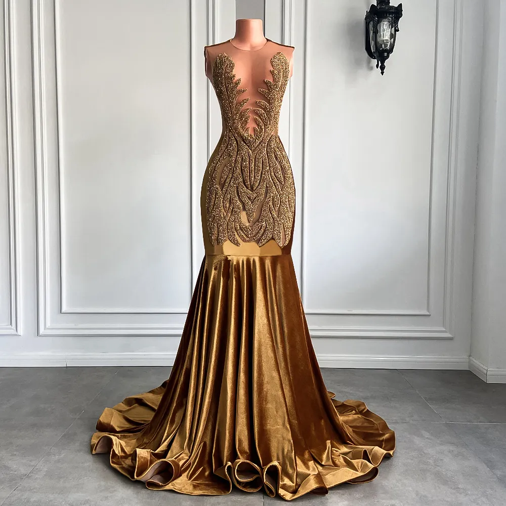 Vestidos de fiesta largos dorados con imagen real, parte superior transparente, de lujo, con brillantes diamantes de terciopelo negro, vestidos de fiesta de sirena para gala