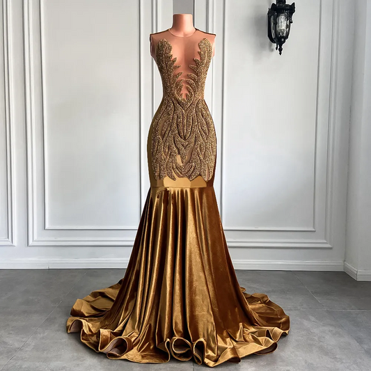 Vestidos de fiesta largos dorados con imagen real, parte superior transparente, de lujo, con brillantes diamantes de terciopelo negro, vestidos de fiesta de sirena para gala