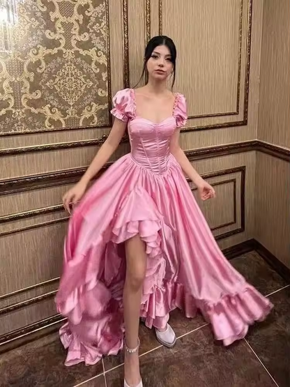 custom Elegnant A-line Pink Princess Corset Dress Birthday Evening Party Dresses with Ruffled Leg Split Special Occasion Gown