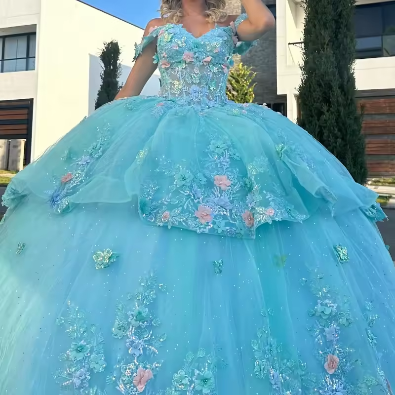 Water Blue Shiny Quinceanera Dress Ball Gown Off The Shoulder 3D Floral Lace Applique Beaded Corset Sweet 16 Vestido De 15 Anos