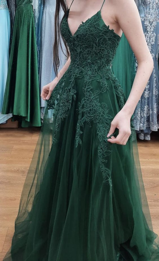 Vestido de fiesta con apliques de encaje verde esmeralda brillante, tirantes finos, tul brillante, talla grande, vestido de fiesta formal de noche