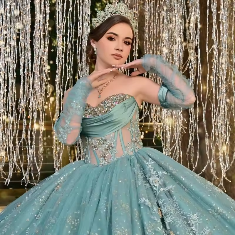 Aqua Blue Shiny Ball Gown Quinceanera Dress Off The Shoulder Sequined Appliques Lace Beads Crystal Tull Vestidos De 15 Años
