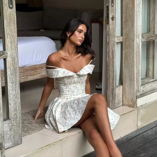 Fashion Summer Dresses Floral Print Party Dresses Off The Shoulder Holiday Dress Elegant A Line Women Clothing