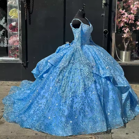 Vestido de quinceanera azul personalizado, manga longa, ombro de fora, miçangas com capa, vestido para 16 anos, vestidos de 15 anos