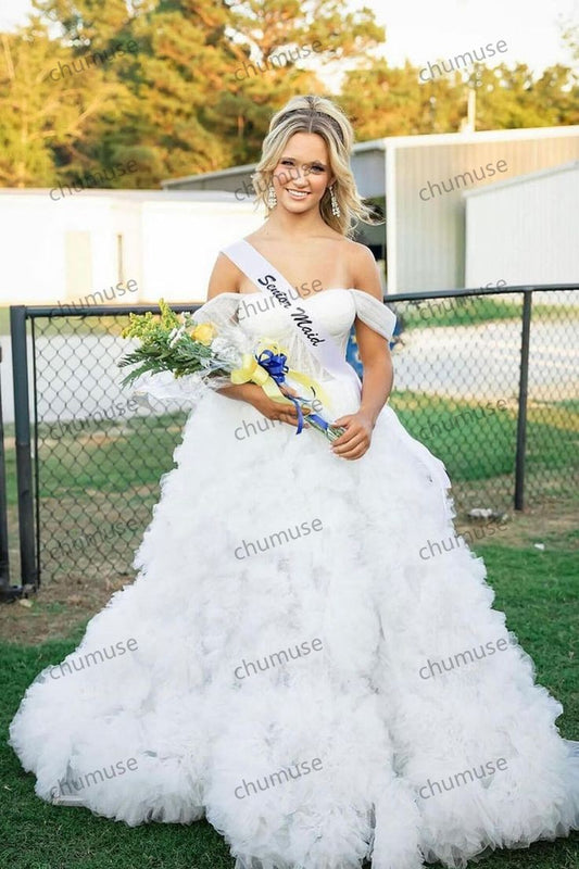 A Line Off the Shoulder Ruffled Tulle Prom Dress with Slit