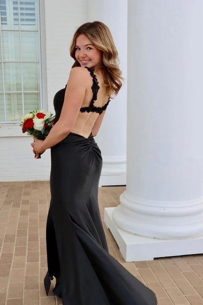 Red Mermaid Straps Keyhole Back Long Satin Prom Dress With Slit