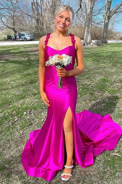 Red Mermaid Straps Keyhole Back Long Satin Prom Dress With Slit