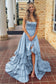 Scoop Neck A Line Lace-Up Ruffle Tiered Red Prom Dress with Slit