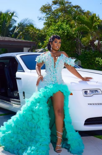 Customized Treasure Green Elegant Evening Gowns High Slit Diamonds Crystal Sequins Birthday Party Dresses Ruffled Mermaid Gowns