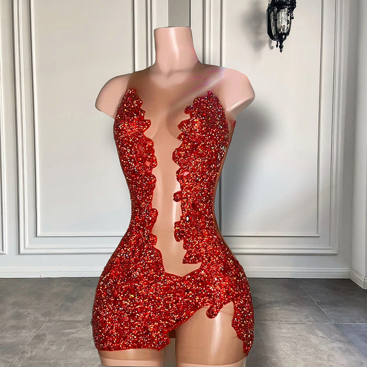 Vestidos cortos transparentes y sexys para fiesta de cumpleaños, formales, con diseño mini, en rojo, brillante, con diamantes negros.