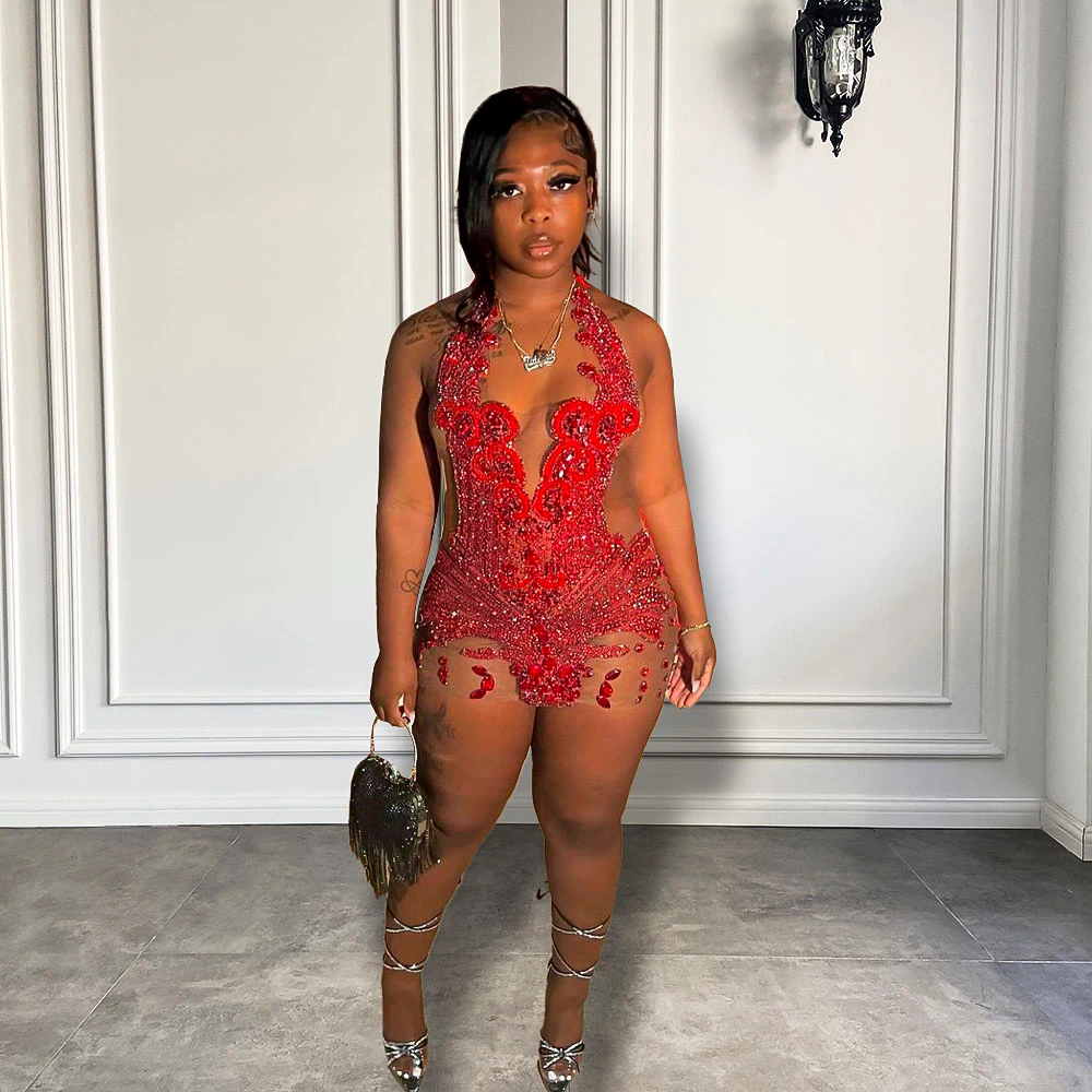 Nuevos vestidos de fiesta cortos sexis de malla transparente negros para chicas, de lujo, con brillantes diamantes rojos, para cócteles y fiestas de cumpleaños.