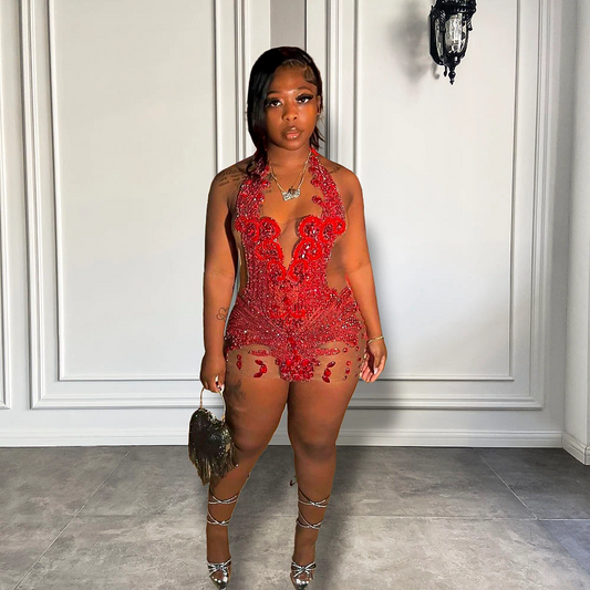 Novos vestidos curtos de baile pretos, sensuais e transparentes, luxuosos, com diamantes vermelhos brilhantes, para coquetel e festa de aniversário