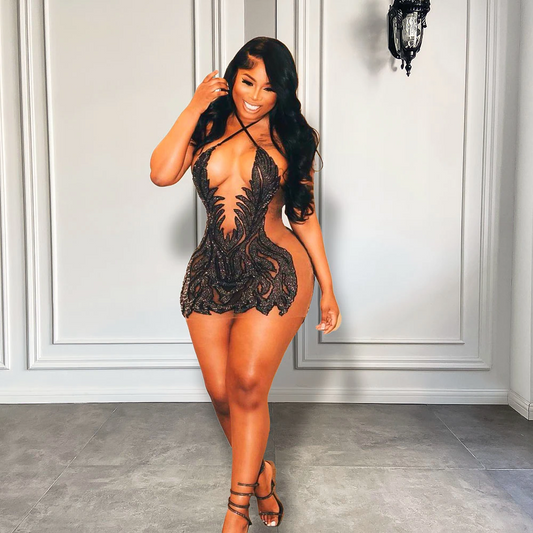 Vestidos formais sensuais transparentes para festa de aniversário, estilo halter, brilhantes, com contas pretas, vestidos curtos para baile de formatura