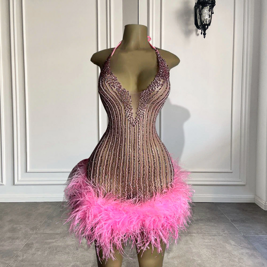 Vestidos de fiesta formales de cumpleaños para mujer, sexys, transparentes, con cuello halter, hechos a mano, con cuentas, plumas rosas y negras, vestidos de fiesta cortos para niñas. 