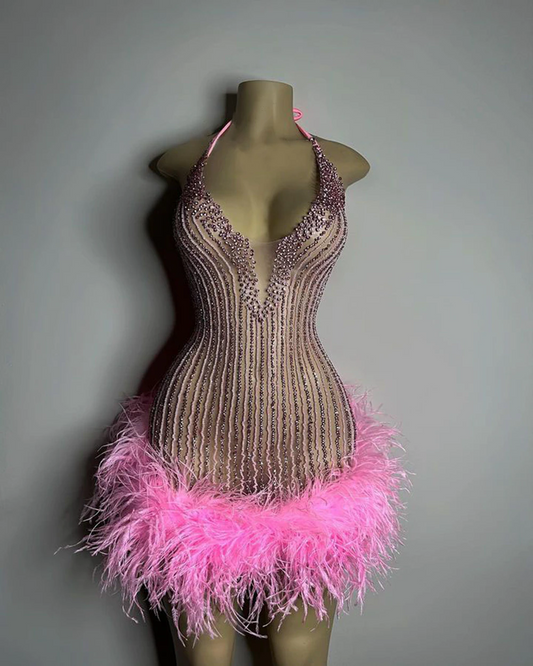 Vestidos de fiesta formales de cumpleaños para mujer, sexys, transparentes, con cuello halter, hechos a mano, con cuentas, plumas rosas y negras, vestidos de fiesta cortos para niñas. 