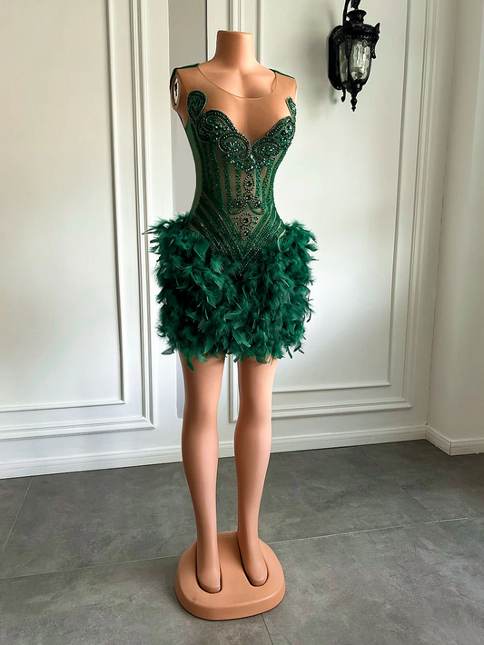 Vestido curto de festa de aniversário para meninas negras de luxo real, vestido formal verde esmeralda com penas para mulheres