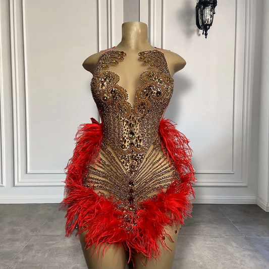 Vestidos de fiesta formales de lujo brillantes con diamantes dorados para mujer, sexys, transparentes, con plumas rojas y negras, vestidos de graduación cortos para niñas 