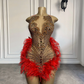 Vestidos de fiesta formales de lujo brillantes con diamantes dorados para mujer, sexys, transparentes, con plumas rojas y negras, vestidos de graduación cortos para niñas 