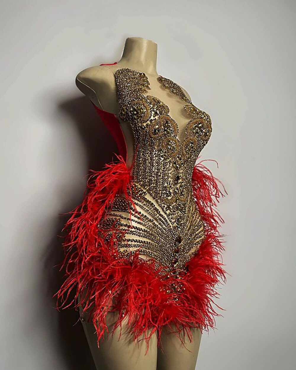 Vestidos de fiesta formales de lujo brillantes con diamantes dorados para mujer, sexys, transparentes, con plumas rojas y negras, vestidos de graduación cortos para niñas 