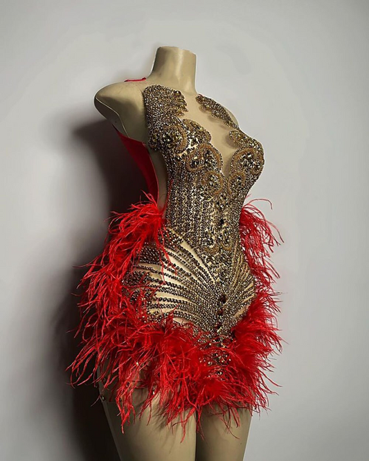 Vestidos de fiesta formales de lujo brillantes con diamantes dorados para mujer, sexys, transparentes, con plumas rojas y negras, vestidos de graduación cortos para niñas 