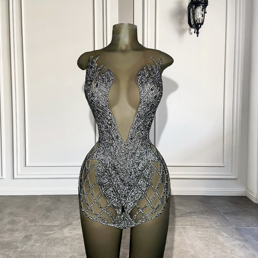 Vestidos femininos luxuosos com diamantes prateados brilhantes, para ocasiões formais, festa de aniversário, sexy, transparentes, para meninas negras africanas, vestidos curtos de baile