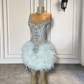 Vestidos de fiesta formales de lujo hechos a mano con diamantes de plata para mujer, vestidos de fiesta cortos de graduación con plumas blancas y negras, para fiesta de cumpleaños 