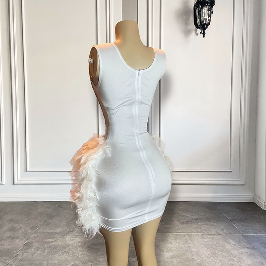 Vestidos de fiesta formales de lujo hechos a mano con diamantes de plata para mujer, vestidos de fiesta cortos de graduación con plumas blancas y negras, para fiesta de cumpleaños 