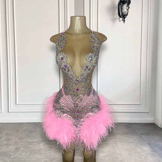 Vestidos de fiesta de cumpleaños de lujo, sexys y transparentes, para mujer, con cristales brillantes, diamantes negros, plumas, cortos, para graduación 