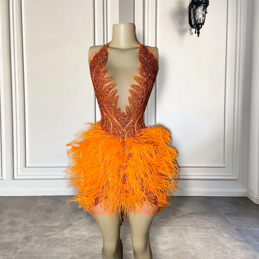 Vestidos de fiesta formales de cumpleaños para mujer, sexys, transparentes, de lujo, con diamantes naranjas y plumas negras, minivestidos de fiesta cortos. 