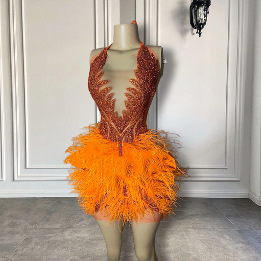 Vestidos de fiesta formales de cumpleaños para mujer, sexys, transparentes, de lujo, con diamantes naranjas y plumas negras, minivestidos de fiesta cortos. 