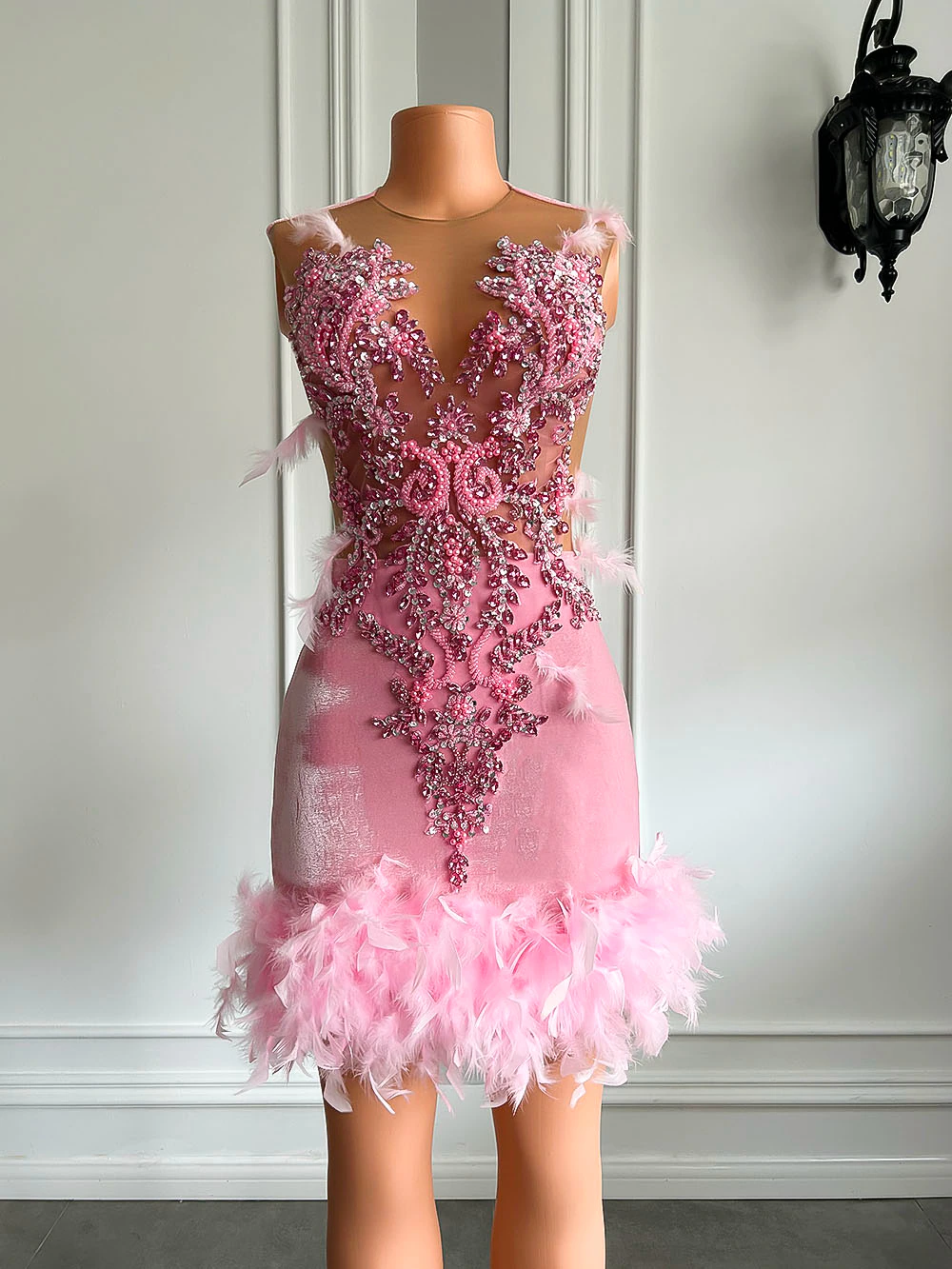 Vestidos de fiesta de cóctel de cumpleaños para mujeres reales, vestidos formales de malla transparente con bordado de cuentas, terciopelo rosa y negro, vestidos de fiesta cortos para niñas 