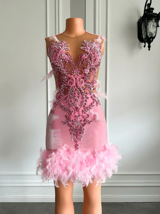 Vestidos de fiesta de cóctel de cumpleaños para mujeres reales, vestidos formales de malla transparente con bordado de cuentas, terciopelo rosa y negro, vestidos de fiesta cortos para niñas 